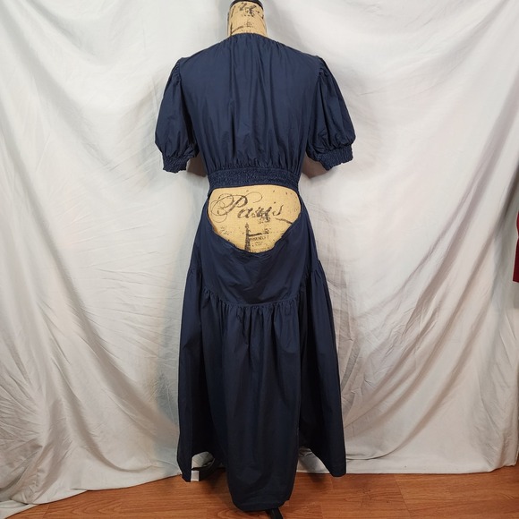 MOON RIVER Size Large Anthropologie Boho Chic Cottagecore Navy Tiered Maxi Dress - Picture 6 of 14